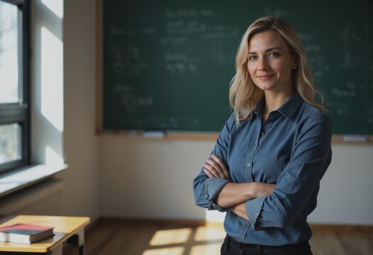 Educational coordinator smiling confidently beside a classroom setup
