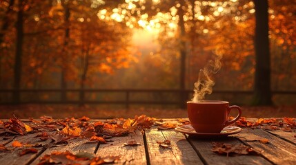 Steaming cup on rustic wood, autumn leaves and golden light background