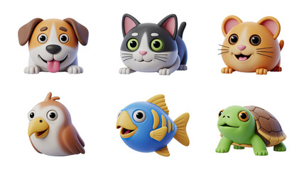 Obraz premium Adorable cartoon animals: dog, cat, hamster, bird, fish, and turtle, perfect for kids' content