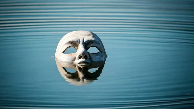 Eerie Theatrical Mask Slowly Sinks Beneath the Rippling Surface of a Calm Lake.