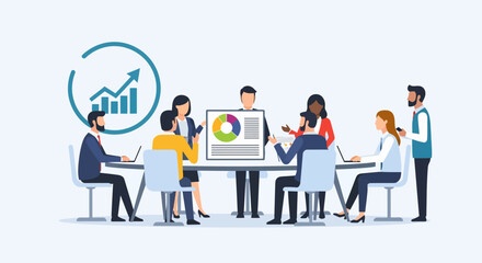 Diverse team collaborating in a modern meeting room, discussing growth charts and pie graphs.