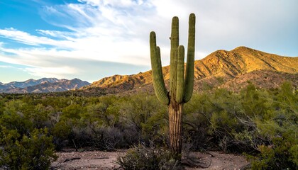 A large saguaro cactus stands tall against a backdrop of rugged, golden mountains under a vibrant sky.
