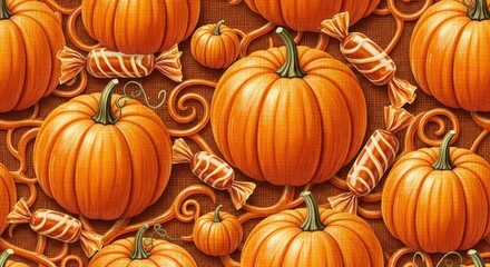 A seamless pattern of pumpkins and candies on a brown background with swirling vines and fall colors