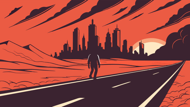 A lone figure walks towards a city skyline on a desert road at sunset.