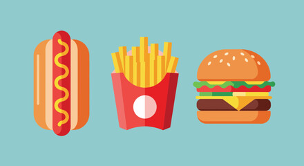 Classic fast food meal featuring a hot dog, french fries, and a hamburger against a teal background.