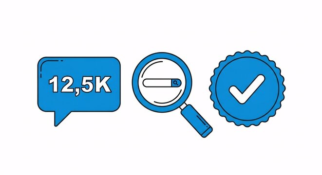 Digital verification icons: social media engagement, search progress, and verified status.