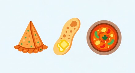 A vector illustration set of popular Indian cuisine, including a samosa, butter naan, and a bowl of curry.