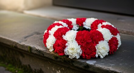 A Wreath of Red and White Flowers Placed on Stone Steps.
