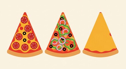 Three different slices of pizza illustration: pepperoni, supreme, and plain cheese on a light background.