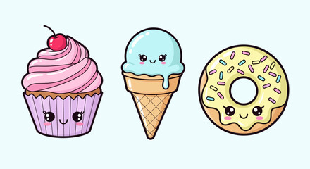 A cute collection of three kawaii dessert characters: a cupcake with pink frosting, a blue ice cream cone, and a donut with sprinkles.