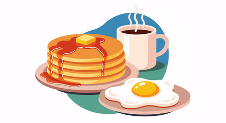 Classic American breakfast illustration with a stack of pancakes, butter, maple syrup, a sunny-side-up egg, and a steaming mug of coffee.