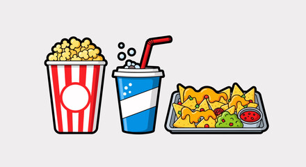 An illustration of classic movie theater snacks, including popcorn, a soda, and nachos with cheese and dips.