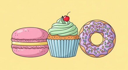 A colorful illustration of three sweet desserts: a pink macaron, a cupcake with green frosting, and a donut with purple sprinkles.