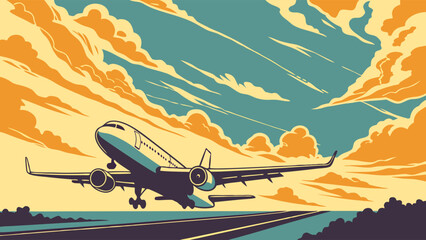 Airplane Taking Off at Sunset Air Travel Journey Transportation Illustration.