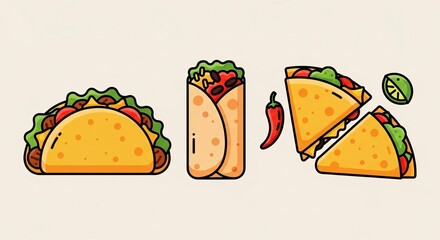 A simple, flat illustration of popular Mexican dishes including a taco, burrito, and quesadilla, with a chili pepper and lime.