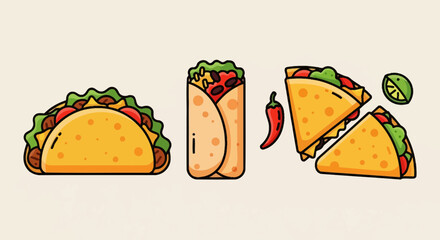 A collection of illustrated Mexican food items including a taco, burrito, and quesadilla on a plain background.