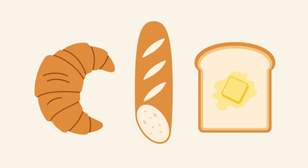 A simple flat illustration of three types of bread: a croissant, a baguette, and a slice of toast with butter.