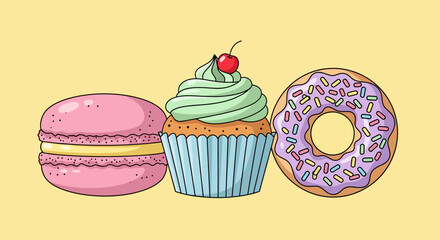 Colorful cartoon illustration of a pink macaron, a cupcake with a cherry, and a sprinkled donut on a yellow background.