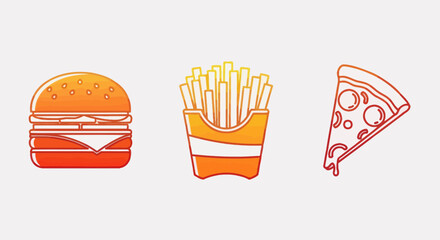 A set of three colorful fast food icons: a hamburger, french fries, and a slice of pizza.