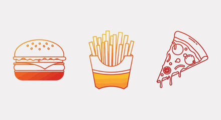 A set of gradient line art icons depicting popular fast food items: a burger, fries, and a slice of pizza.