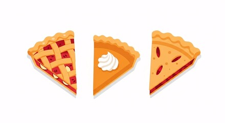 A set of three illustrated pie slices: a lattice-top fruit pie, a pumpkin pie with whipped cream, and a classic vented-crust pie.