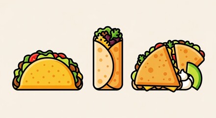 A vector illustration set of classic Mexican food including a taco, a burrito, and a quesadilla.