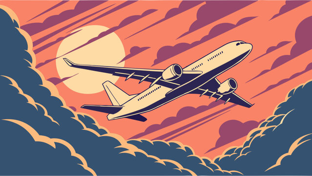 Airplane flying above the clouds at sunset travel journey vector illustration graphic design air transport aviation flight sky cloudscape colorful sunset sky graphic art vector graphics plane jet air.