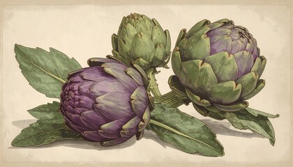 Obraz premium Vintage illustration of three artichokes with leaves