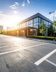 Obraz premium Modern office building parking lot at sunset
