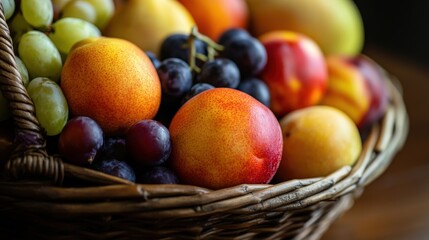 Colorful fruit in a wicker basket.