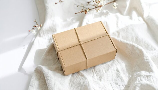 Brown Cardboard Gift Box on Linen Cloth with Soft Daylight