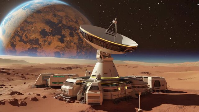 Futuristic Mars base with large satellite dish antenna for deep space communication, set against a backdrop of the red planet rugged terrain and massive blue-hued planet rising on the distant horizon - Powered by Adobe