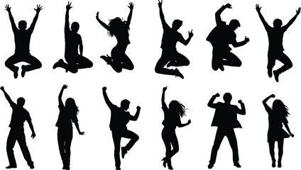 Silhouettes of happy people jumping, dancing, celebrating, energetic poses, joyful group, movement vector illustration, fun lifestyle, party mood - flat vector illustration