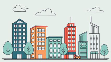 Cartoon Cityscape Illustration Colorful Buildings Trees and Sky.