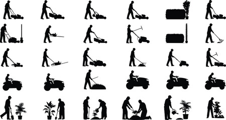 Silhouettes of people gardening, mowing lawn, planting trees, watering plants, lawn care, landscaping work, garden maintenance, outdoor activity - flat vector illustration