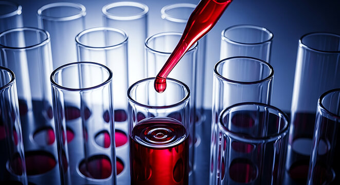 Precise scientific discovery as red liquid drips into test tube from pipette in laboratory setting