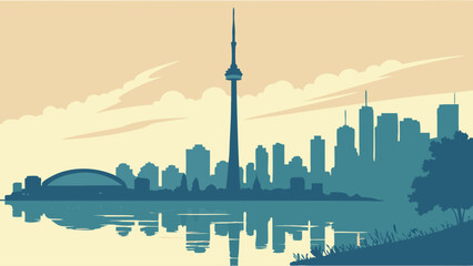 Obraz premium Cityscape Skyline Waterfront Modern City Tall Buildings Urban Landscape Evening Sunset Reflection Lake River Architecture Design Illustration Vector Graphic Background Panorama Calm Serene Peaceful T.