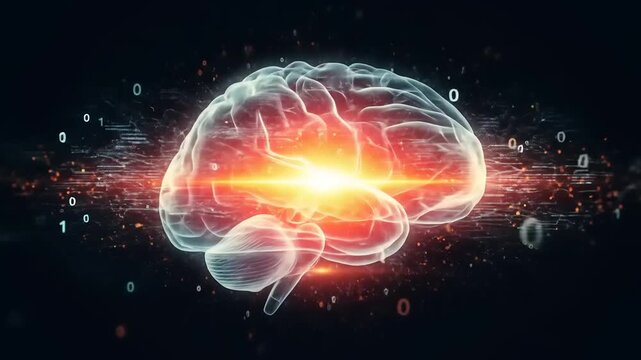 Abstract representation of a glowing brain surrounded by digital elements and binary code