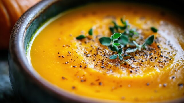 Close-up view of a bowl of pumpkin soup.