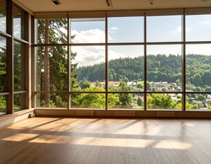 Fototapeta premium Spacious room with large windows overlooking a forest