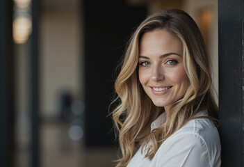 Fototapeta premium Property coordinator smiling near the mailroom entrance, showcasing professionalism