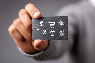 Hand Holding Gift Card with Winter-Themed Icons on a Gray Background