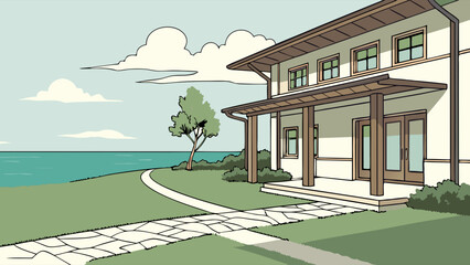 Coastal House Illustration Modern Home Design Ocean View Seaside Property Summer Vacation Architecture Drawing Home Exterior Landscape Design House by the Sea Idyllic Scene Peaceful Setting Calm Wate.