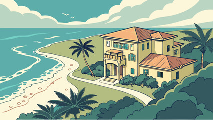 Obraz premium Coastal House Ocean View Tropical Beach Summer Vacation Illustration Seaside Property Palm Trees Luxury Home Design Architectural Drawing Vacation Rental Real Estate Marketing Travel Poster Idyllic L.