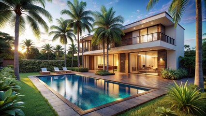Elegant villa with private pool and lush greenery surrounded by palm trees and a serene tropical landscape