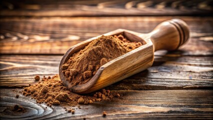 Fine Brown Powder in Wooden Scoop on Rustic Background