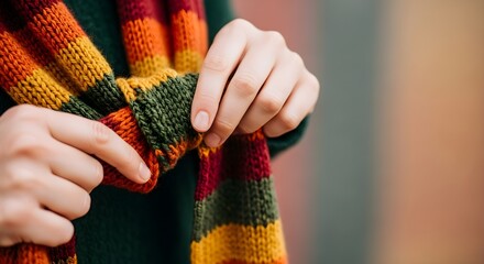 Close-up of hands adjusting a colorful striped knitted scarf.