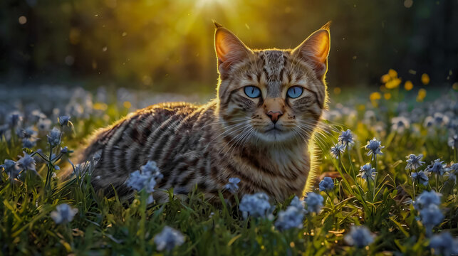 Close-up of a tabby cat with striking blue eyes sitting among wildflowers in a meadow during golden hour. Warm sunlight creates a dreamy and peaceful atmosphere, perfect for nature, pets, and lifestyl - Powered by Adobe