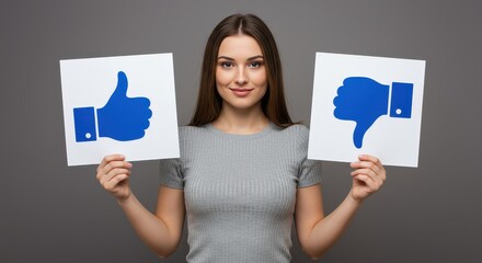 Thumbs Up, Thumbs Down Decision: A poised individual confidently presents both thumbs up and thumbs down symbols, representing choices, opinions, and decisions.