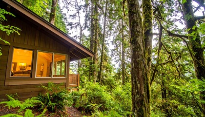 Wooden cabin nestled in lush forest